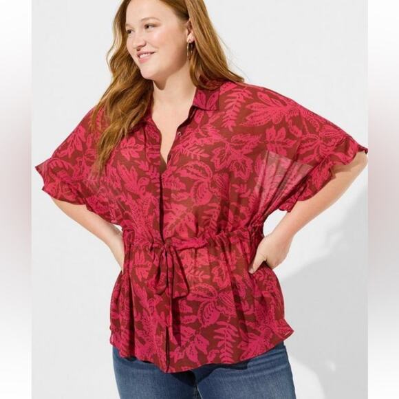 Torrid leaves Chiffon Dolman Short Sleeve Button Up - Picture 1 of 10